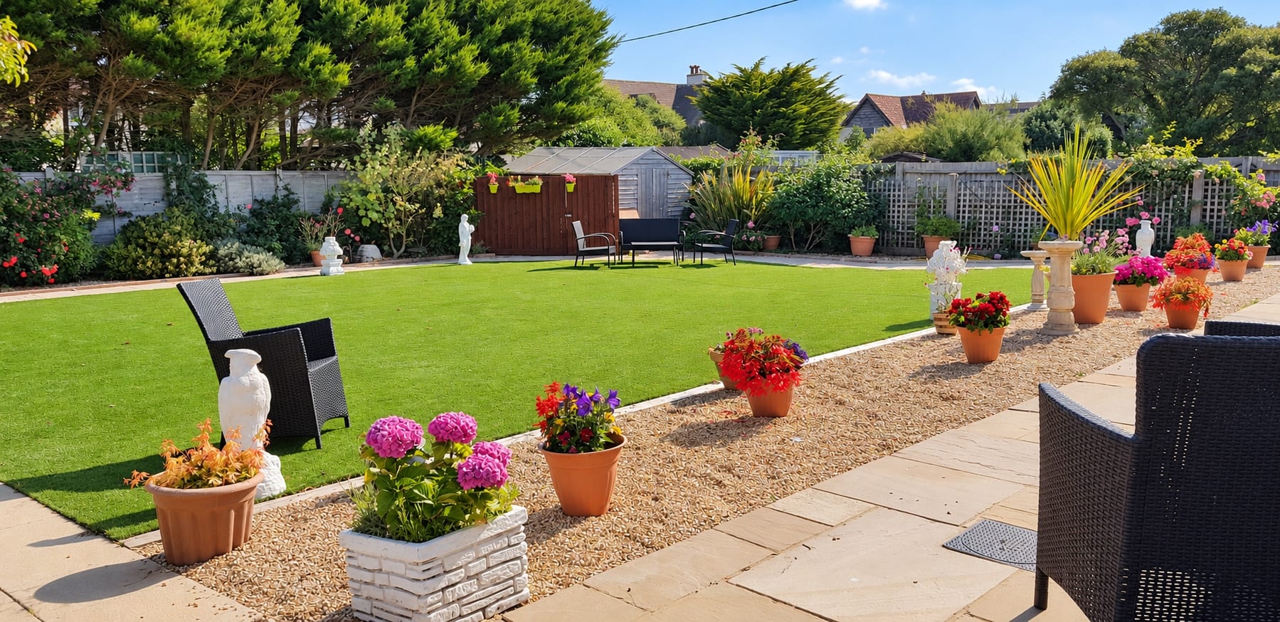 The level rear garden, with lawn, flowers and patio seating.