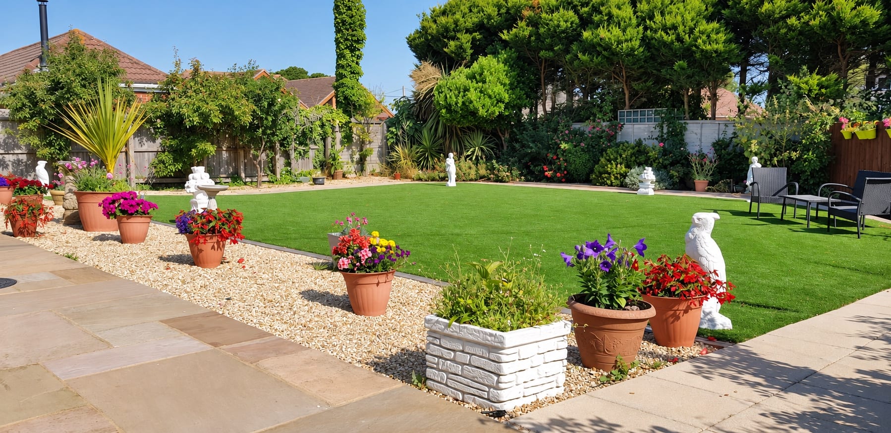 The rear garden from the patio: lawn, white statues, flowers in pots and garden chairs in the sun.